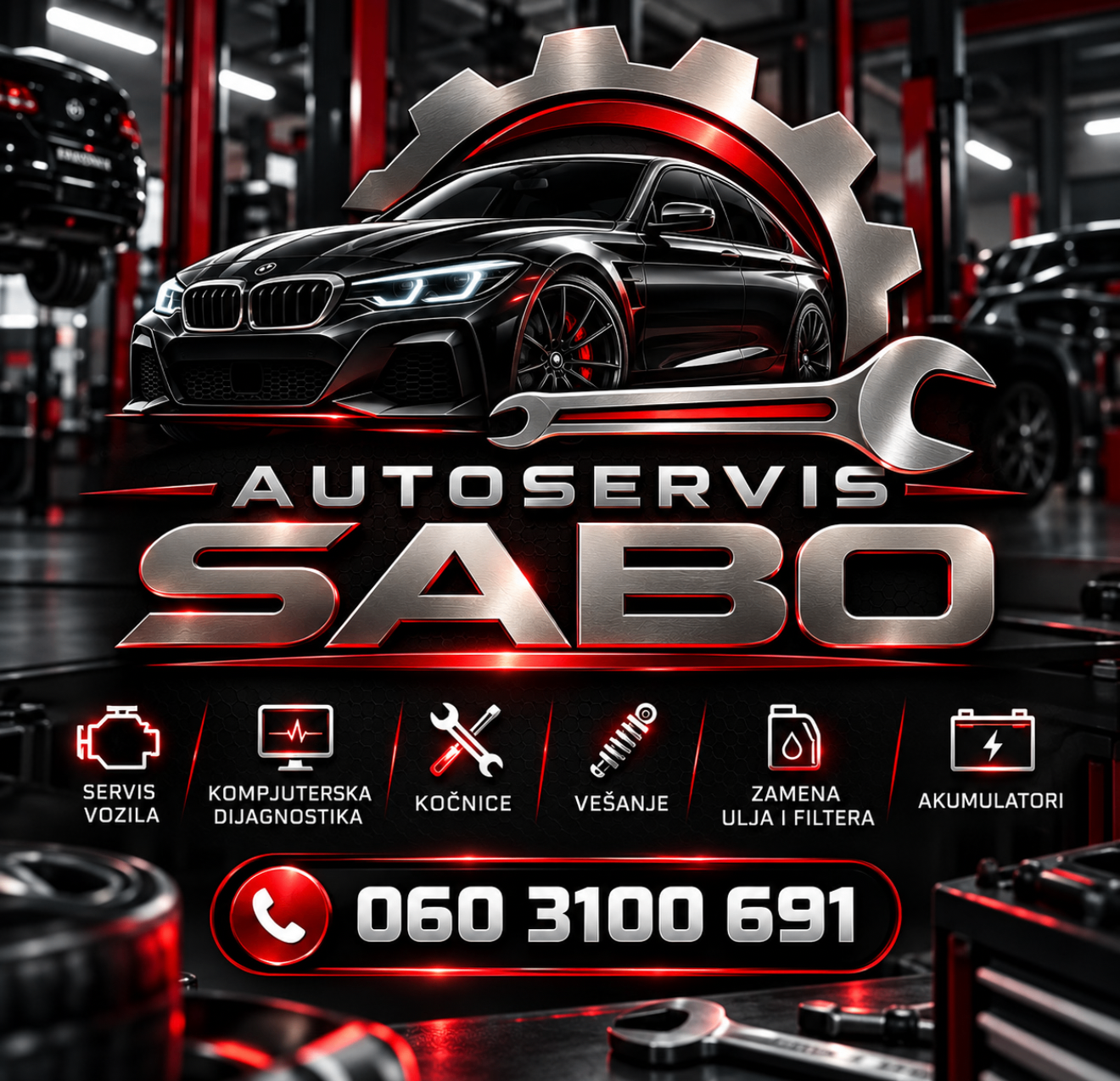 Autoservis Sabo — servis vozila, kompjuterska dijagnostika, kočnice, vešanje, zamena ulja i filtera, akumulatori. Pozovite 060 3100 691.